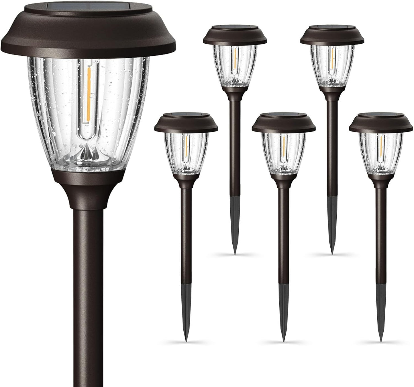 XMCOSY+ Solar Lights Outdoor 10/25 LM LED with 2 Lighting Modes, Solar Garden Lights Glass and Metal, IP65 Waterproof Solar Powered for Yard Pathway Walkway Driveway Patio (6 Pack, Warm White)