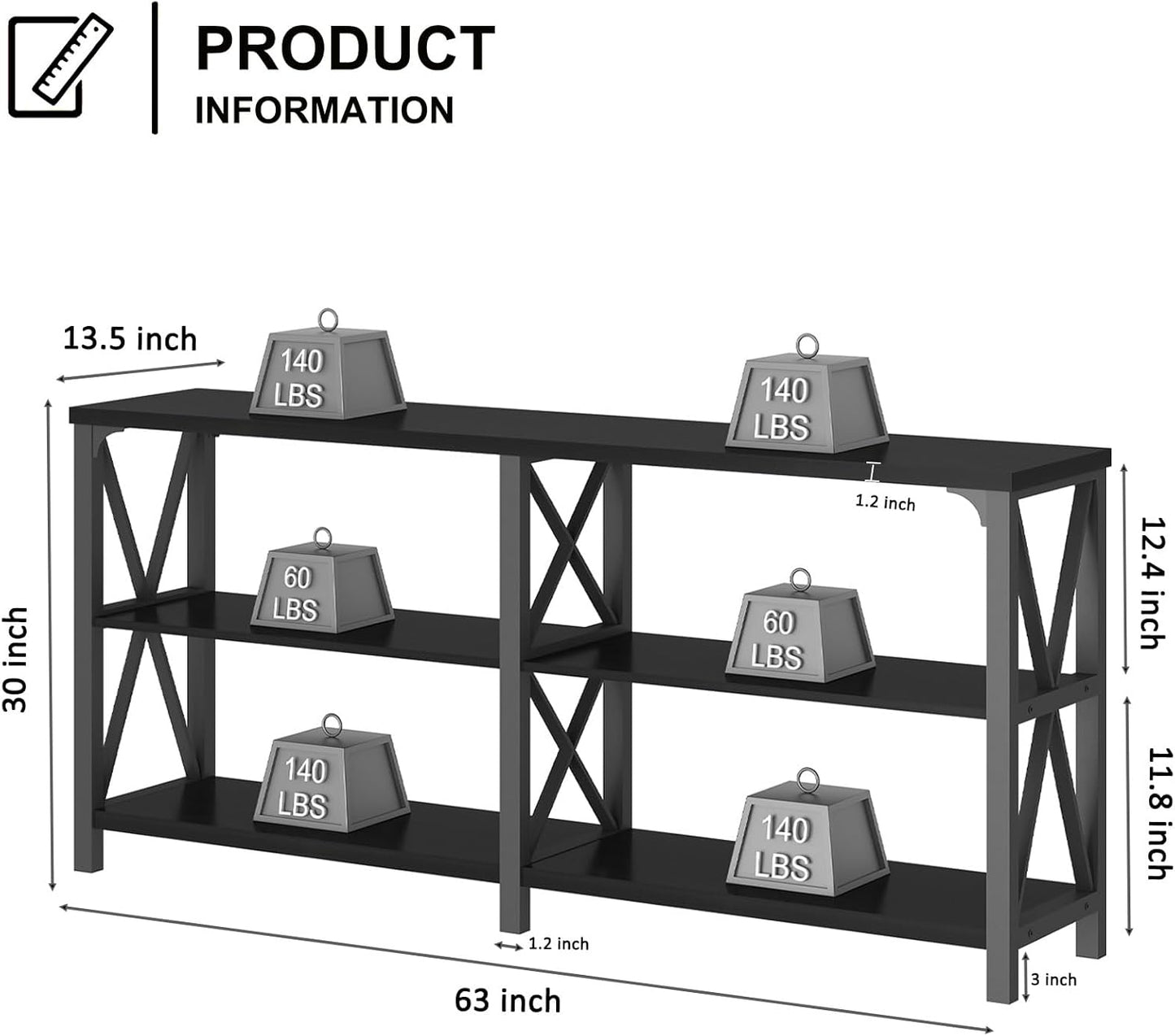LVB Industrial Entryway Table, Farmhouse Rustic Console Tables Behind Couch, Long Metal Wooden Sofa Table with Storage Shelf, Modern Foyer Hallway Table for Living Room Bedroom, Black Oak, 63 in