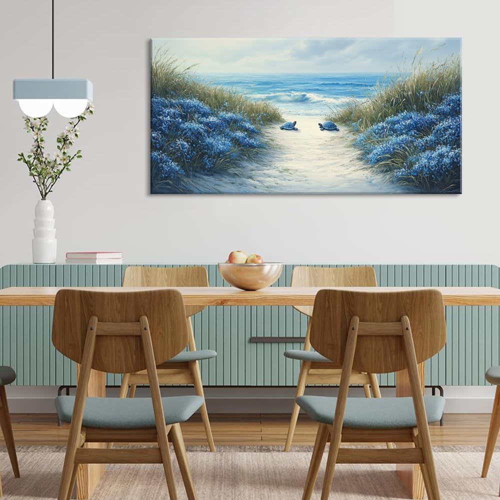 LASMOND Romantic Beach Wall Art for Living Room Blue Sea Turtle Lovers Canvas Painting Prints Ocean Sandy Romance Flowers Large Bedroom Office Decor Artwork (30x16 Inches)