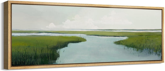 MUDECOR Large Framed Canvas Print Wall Art Serene Marshland Landscape Green and Blue Peaceful Illustrations Antique Retro Fine Art Illustrations Decorative Colorful for Bedroom - 60"x20"