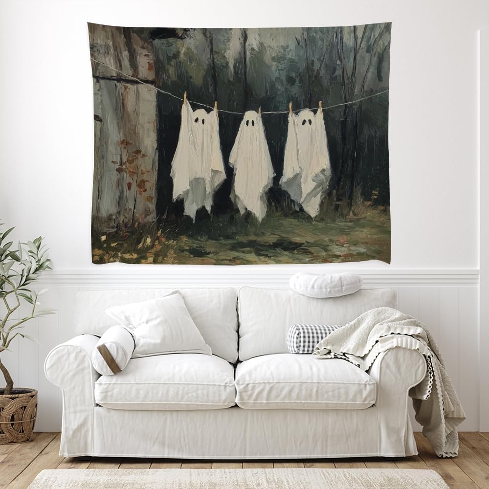 Vintage Halloween Tapestry Funny Ghosts on Clothesline Tapestry Wall Hanging Farmhouse Gothic Room Decor Spooky Ghost Prints for Dark Academia Halloween Party House Decoration Tapestries 50x60inch