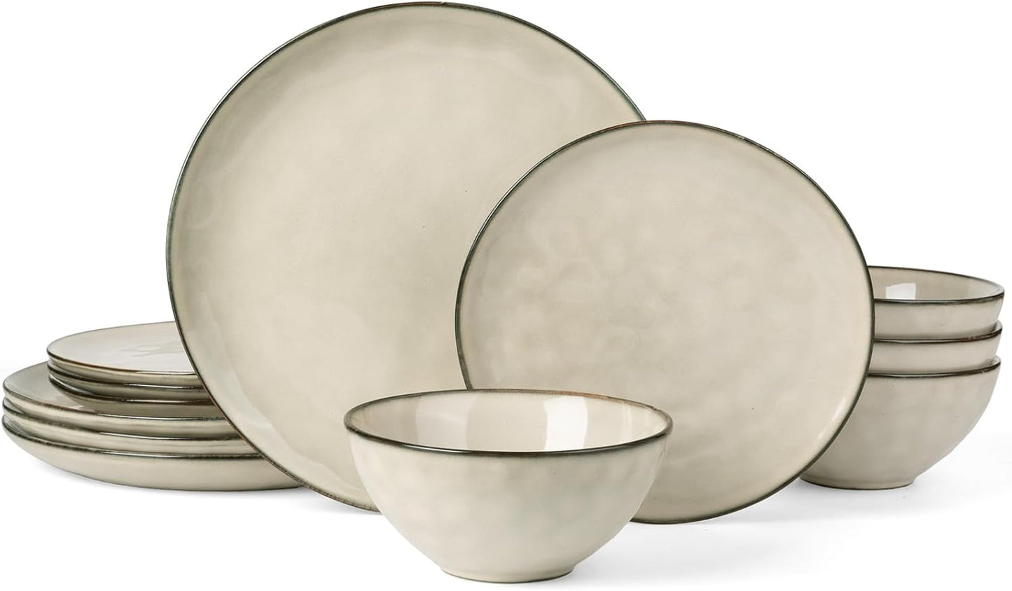 Famiware Dinnerware Sets for 4, Ocean Round 12-Piece Kitchen Plates and Bowls Sets, Microwave and Dishwasher Safe, Scratch Resistant, Light khaki