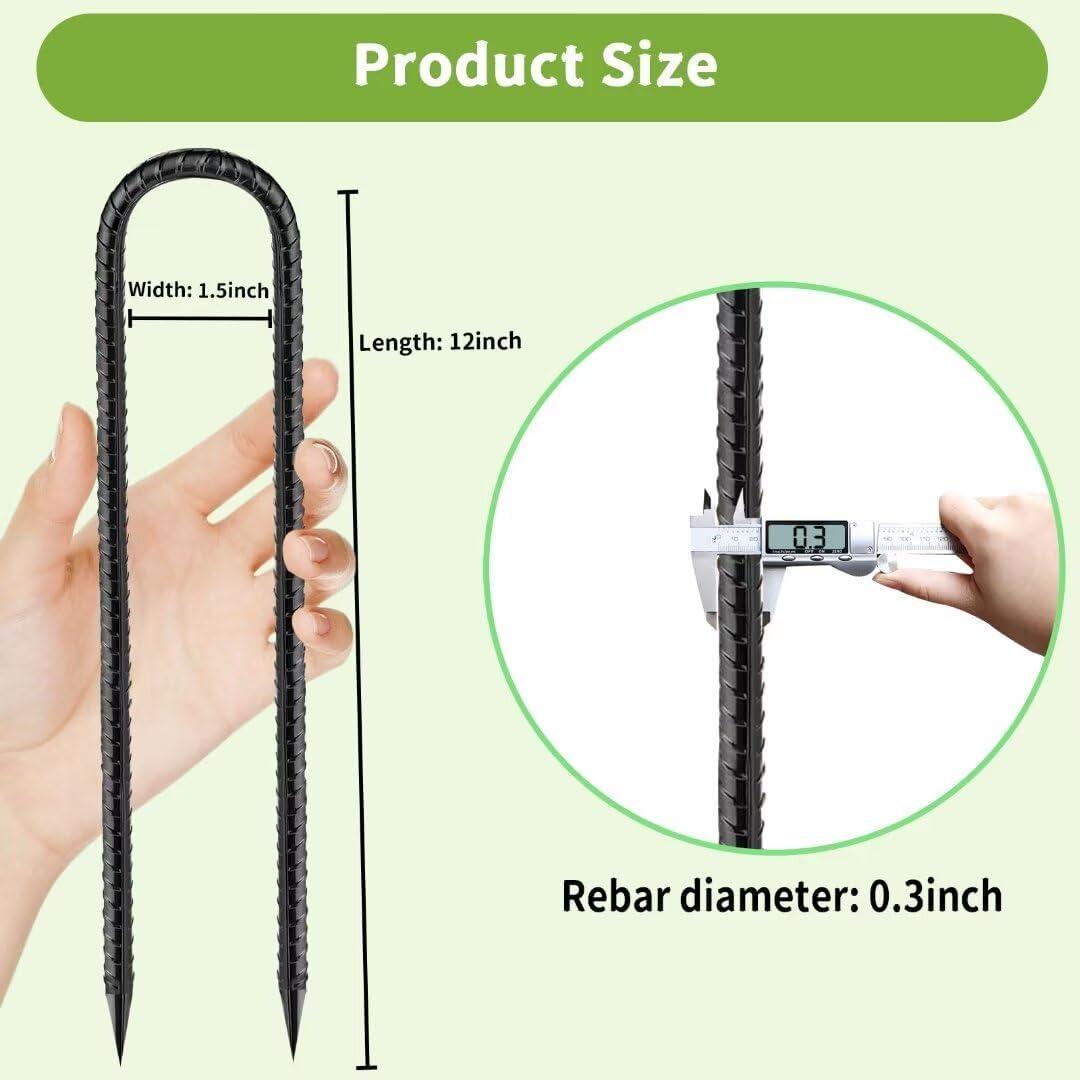 Rebar-Stakes-12-Inch, Ground Stakes Heavy Duty U-Hook Black Coated Anti-Rust Heavy Duty Ground Anchors for Garden Dog Fence Chicken Coop Christmas Decorations Deer Fence 12pcs