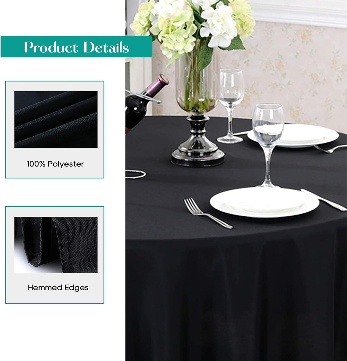 Surmente 132 inch Round Tablecloths -5 Pack Black Round Table Cloths, Polyester Fabric Table Covers for Wedding, Party, Banquet, or Restaurant