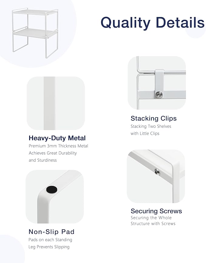 Nxconsu 2Pack Cabinet Shelves Stackable Shelf Organizer Rack Riser for Kitchen Cabinet Pantry Cupboard Counter Countertop Home Organization Storage Space Saver Heavy Duty Metal Nonslip White Wide