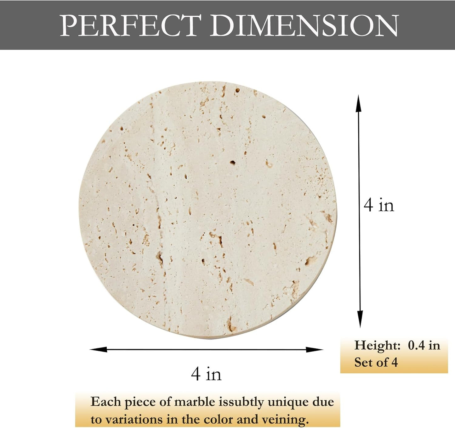 Marble Coasters – Set of 4 –Beige Travertine Bar Coasters for Drinks, Coffee –Stone Holder for Home Décor, Housewarming Gifts (Round)