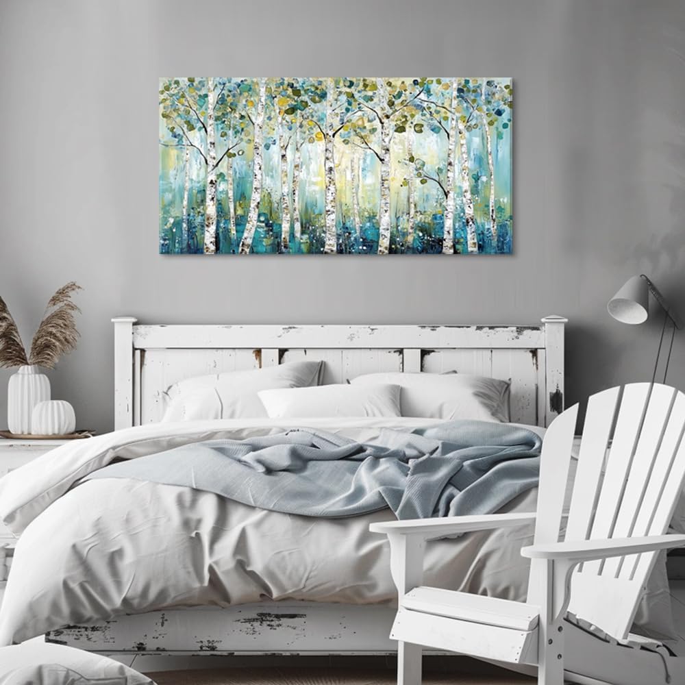 LASMOND Abstract Teal Grove Canvas Paintings Prints Modern Tree Wood Artwork Decor Wall Art for Living Room Bedroom Offices (30x16 Inches)