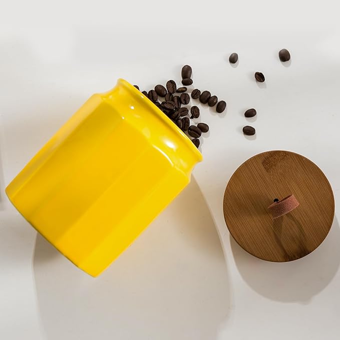 Canister Sets for Kitchen, Kitchen Canisters for Countertop with Airtight Wood Lid, Ceramic Food Storage Containers and Sugar Container for Coffee, Flour, Tea, Candy, Cookie, Spice