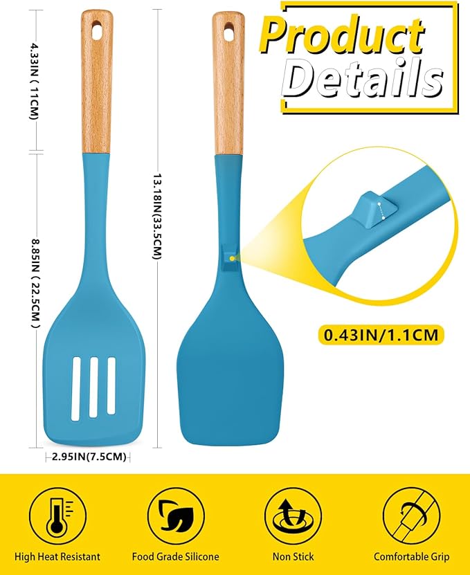 Pack of 2 Large Silicone Spatula, Heat Resistant Solid Turner, Non Stick Slotted Spatulas with Wooden Handle, Ideal Kitchen Utensils for Flipping, Pancakes, Eggs, Fish(BLUE)