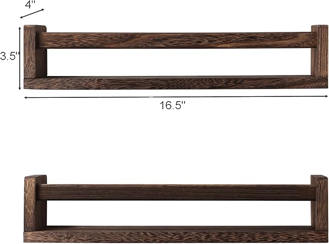 Nursery Book Shelves, Set of 2 Wood Floating Book Shelves for Kids Room, Kitchen Spice Rack, or Rustic Wall Mounted Shelves for Farmhouse Bathroom Decor (Carbon Brown)