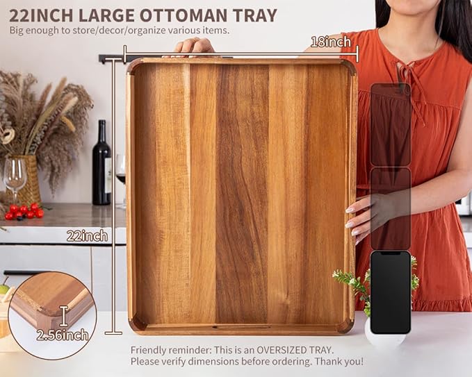 Large Wooden Ottoman Tray, Great 22"x18" Rectangle Trays for Big Ottoman Counter, Huge Kitchen Wood Serving Tray Round Corner, Living Room Coffee Table Decor Centerpiece Organizer Trays