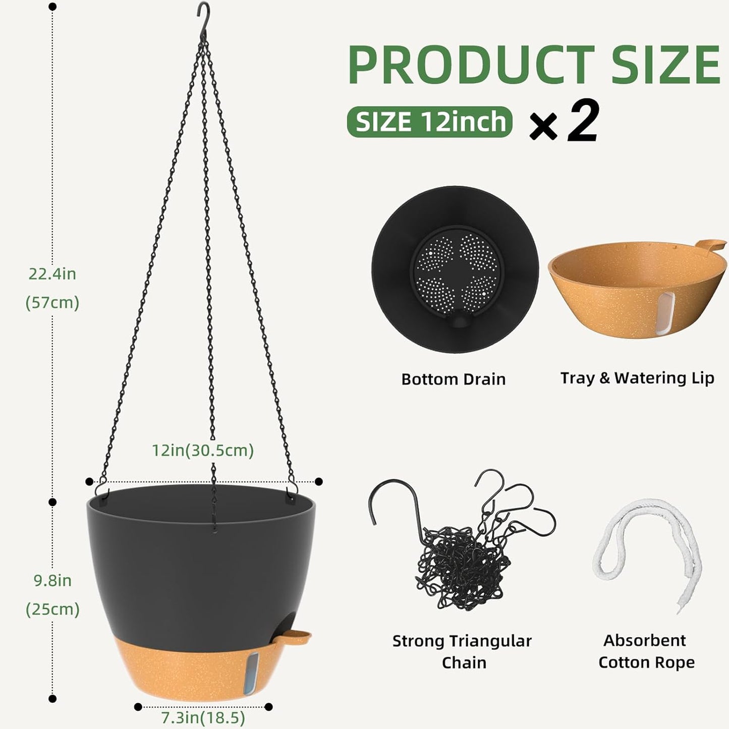 ZMTECH 12 Inch Hanging Planters for Indoor Outdoor Plants, 2 Pack Self Watering Hanging Plant Pots with Drainage Hole, Visual Reservoir, Plastic Flower Hanging Pots with Watering Lip (Black)