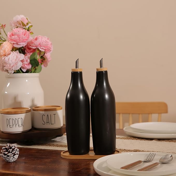 HOMCDALY Ceramic Olive Oil Dispenser for Kitchen, Stoneware 16oz Oil and Vinegar Bottles Dispenser, Kitchen Dispenser Bottle for EVOO Vinegar Syrups, Modern Farmhouse Design(B)