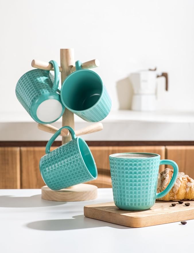 Ceramic Coffee Mugs 15 oz, Large Waffle Embossed Mug Set with Handle, Unique Coffee Cups for Latte, Cappuccino, Cocoa, Hot Tea, Mocha, Milk, Housewarming Wedding Present - Set of 4 (Turquoise)