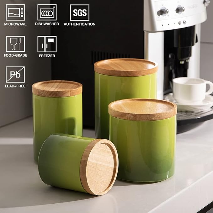 Sweejar Ceramic Food Storage Jar, Stackable Kitchen Canisters, Containers with Airtight Seal Wooden Lid for Serving Ground Coffee, Tea, Sugar, Salt and More - 16 Fl Oz (Gradient Green)