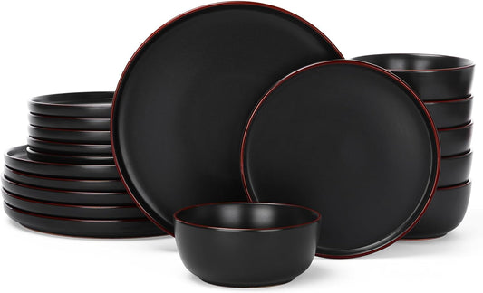 Famiware Mercury Plates and Bowls Sets, 18 Pieces Stoneware Dinnerware Sets, Dishes Set for 6, Microwave and Dishwasher Safe, Matte Black