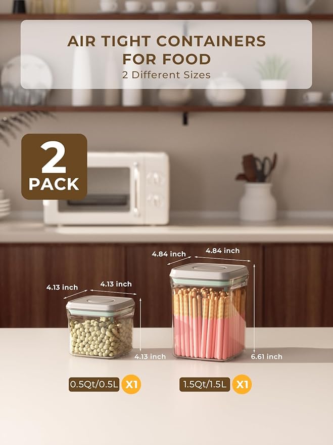 Pop Air Tight Containers Stackable- 2-Pack Cereal Storage Containers with Lids Airtight, Leakproof Pop Up Containers for Organizing, 1.5Qt & 0.5Qt