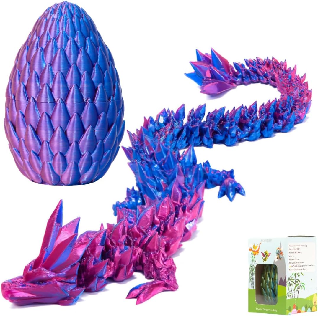 3D Printed 12” Articulated Crystal Dragon Inside 5.1” Egg – Fantasy Collectible, Fidget Toy & Stocking Easter Basket Stuffers for Home & Office Decor (Laser Purple)