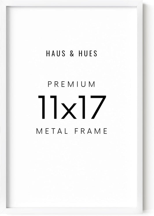 HAUS AND HUES 11x17 White Picture Frame - 11X17 Poster Frame - Aluminum, Vertical & Horizontal Hang, Shatterproof Plexiglass, Perfect for Home, Room, Office (11x17 in, White)