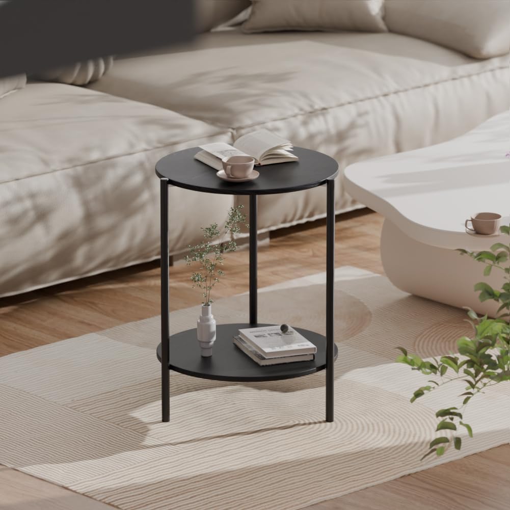 Side Table, Round End Table with 2-Layer Storage Rack, 15.7" Small Spaces Circle Table, Metal Frame Design Small Side Tables, for Living Room, Bedroom, Black