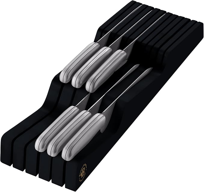 In-Drawer Knife Block - Bamboo Knife Drawer Organizer for Kitchen - Fits 5 Long + 6 Short Knives | Store Knives with Blades Pointing Down - Wooden Steak knife Holder without Knives (Black)