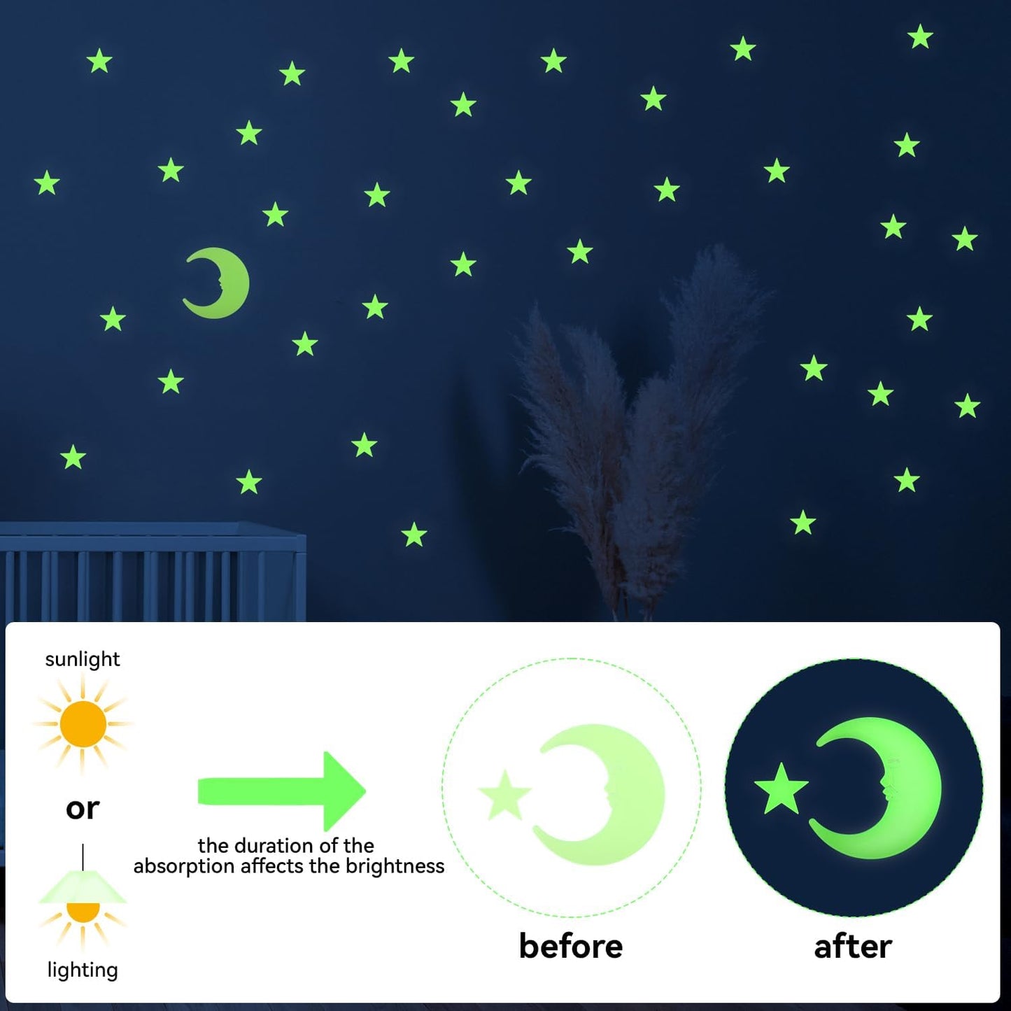100 Stars and 1 Moon Glow in The Dark Luminous Fluorescent 3D Plastic Glow Stars Moon for Ceiling, Glowing Wall Stickers Create a Realistic Starry Sky, Room Decorations (Green)