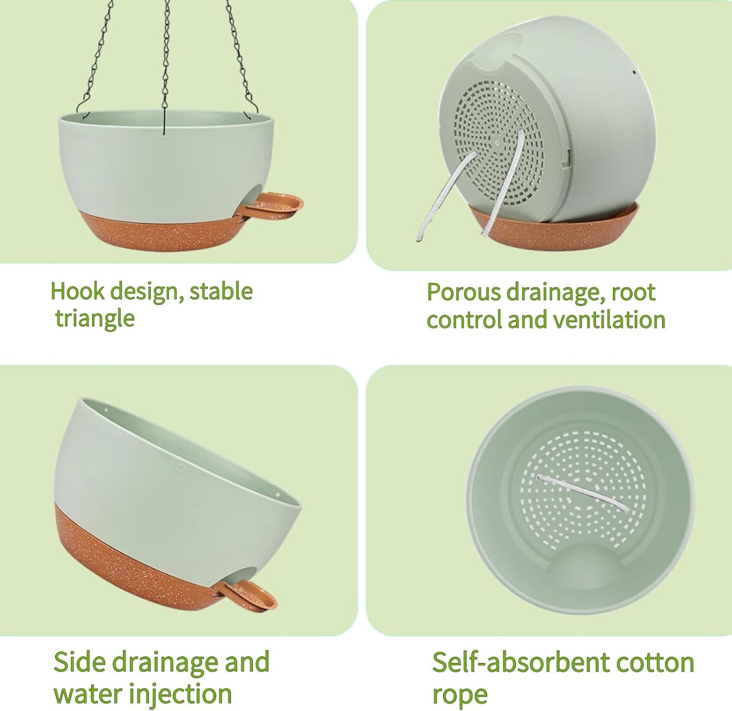 2 Pack Hanging Planters for Indoor Outdoor Plants, 12 Inch Self Watering Hanging Pot with Drainage Holes and Saucer, Plastic Plant Pots, Green Brown Flower Pots for Kitchen, Balcony, Garden