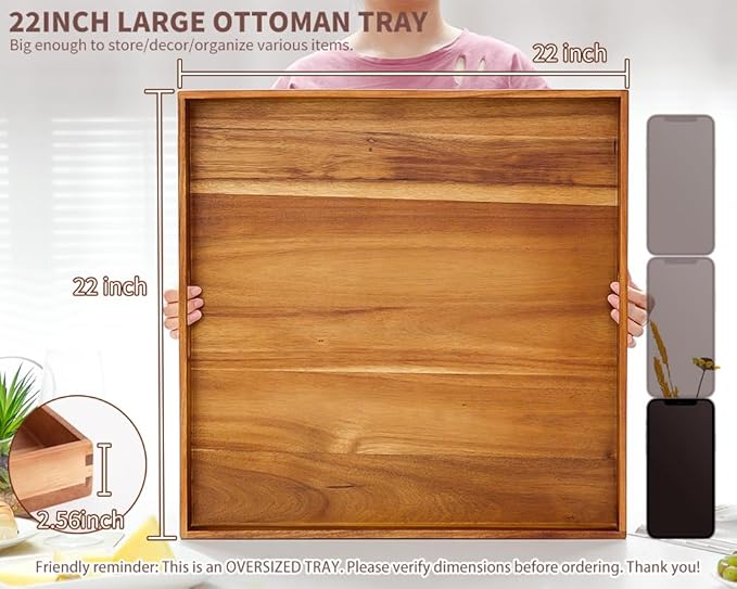 Extra Large Square Wood Tray, Generously 22" Acacia Serving Trays for Large Ottoman Coffee Table, Giant Square Shape Sofa Tray with Handles, Kitchen Organizer Storage Trays Huge Counter Serveware