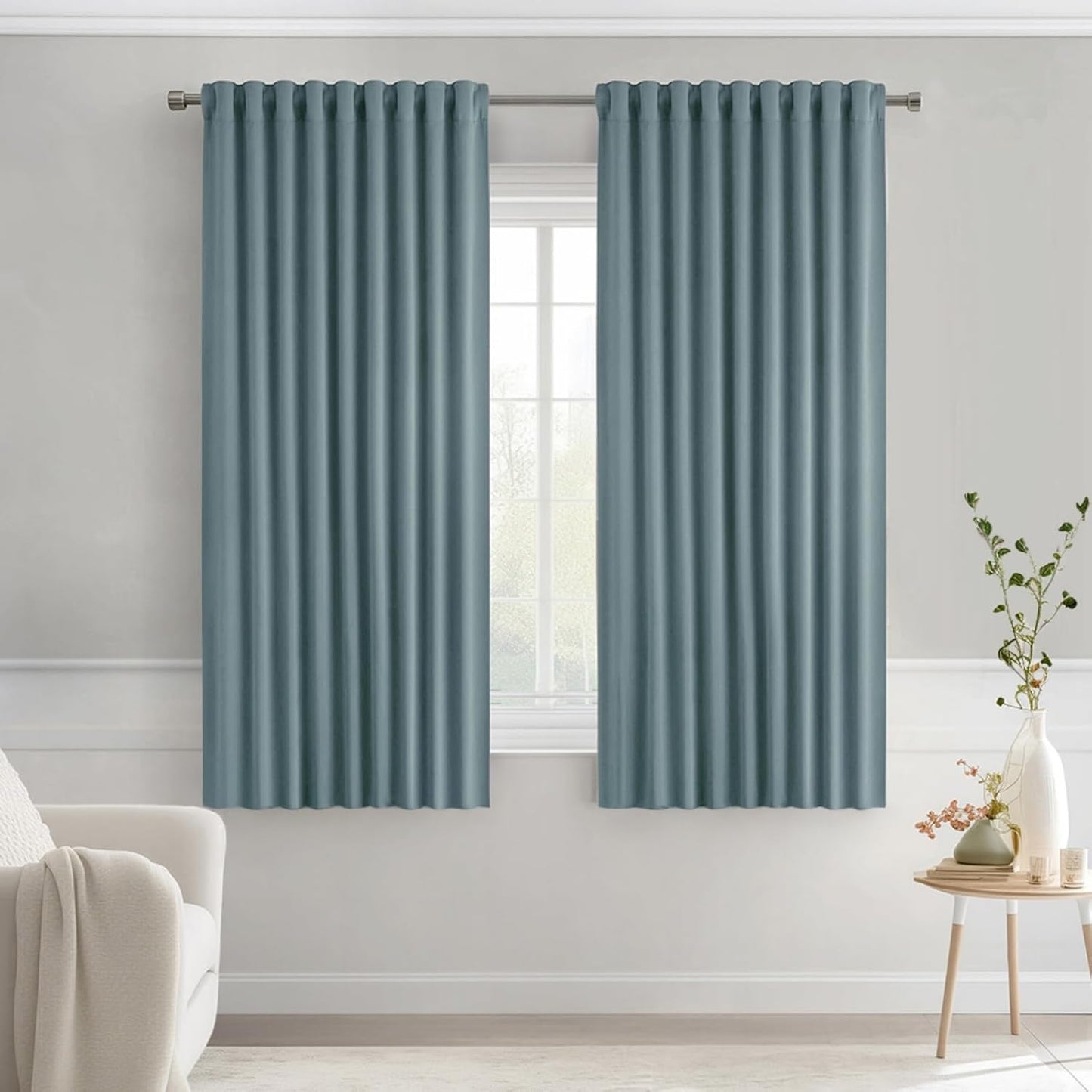 MIULEE Greyish Blue Back Tab Blackout Curtains 63 Inch Length 2 Panels Set for Living Room Bedroom Privacy, Rod Pocket/Pinch Pleat Thermal Insulated Room Darkening Pleated Light Blocking Drapes