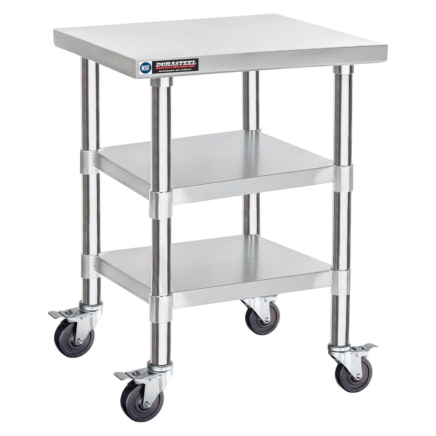 DuraSteel Stainless Steel Work Table 24" x 24" x 34" Height w/ 4 Caster Wheels - Food Prep Commercial Grade Worktable - NSF Certified - Good for Restaurant, Business, Warehouse, Home, Kitchen, Garage