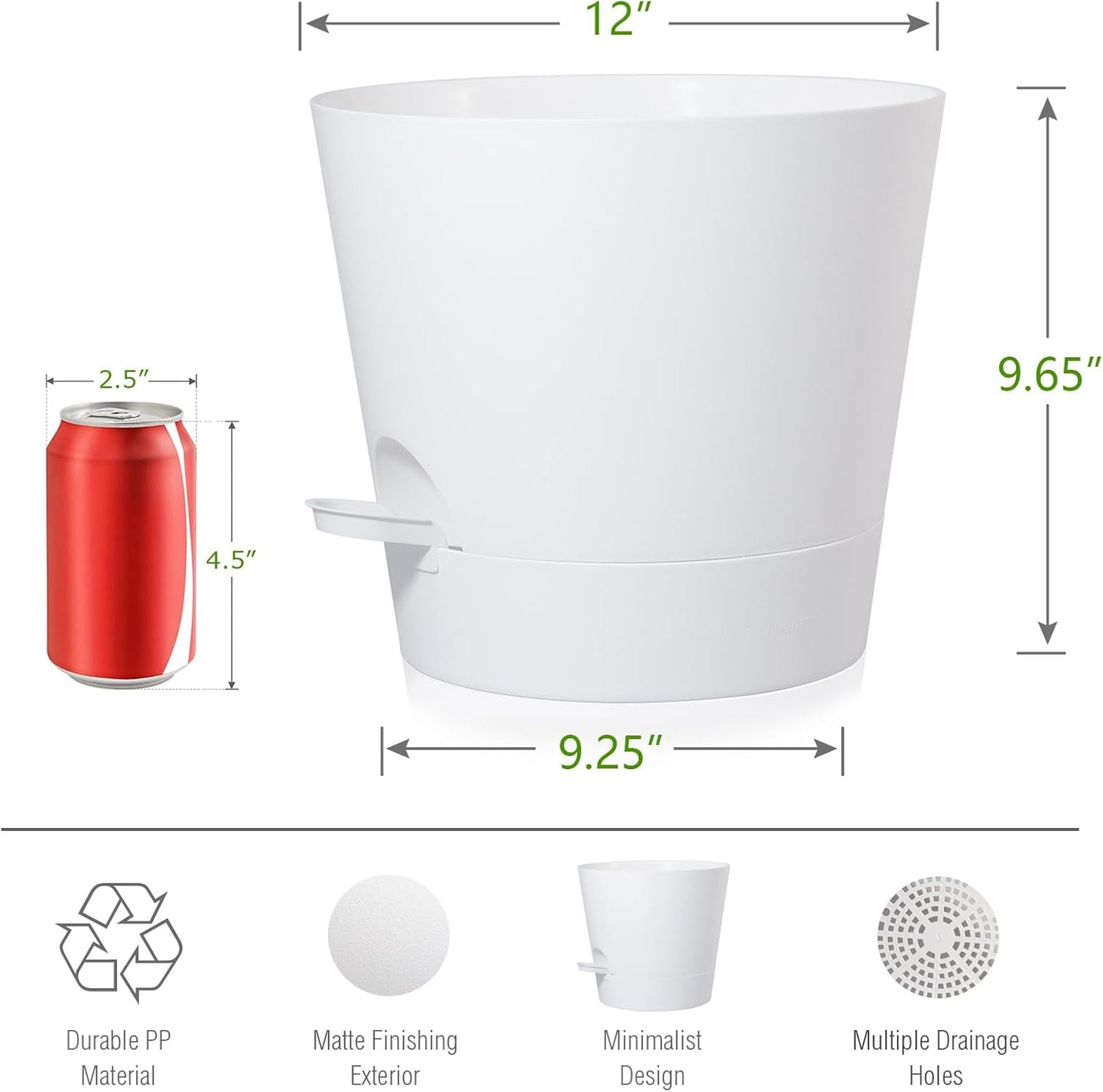 Self Watering Pots for Indoor Plants,12 inch Planters with Drainage Holes Plastic Flower Pots with Deep Reservoir, White
