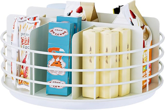 Snack Organizer - Versatile Snack Storage, Lazy Susan with Convenient Grab-and-Go Design, Metal Snack Holder for Home, Office, Breakroom, 10.85" L x 10.85" W x 5" H (White)