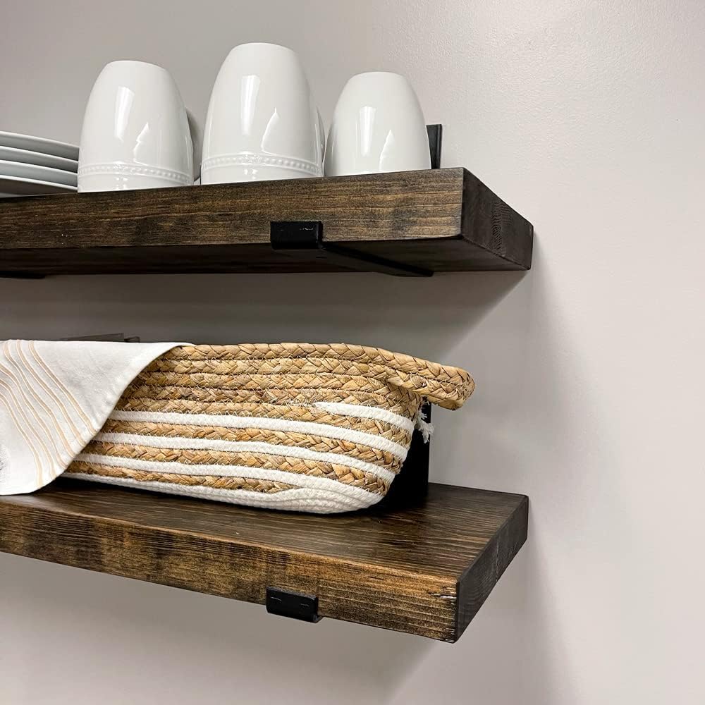 Rustic Shelves with J-Brackets Set of 2, Industrial Shelf, Kitchen Shelves, Solid Wood, Decorative Wall Storage, Heavy Duty, URBANDI (Dark Brown, 12Wx6D)