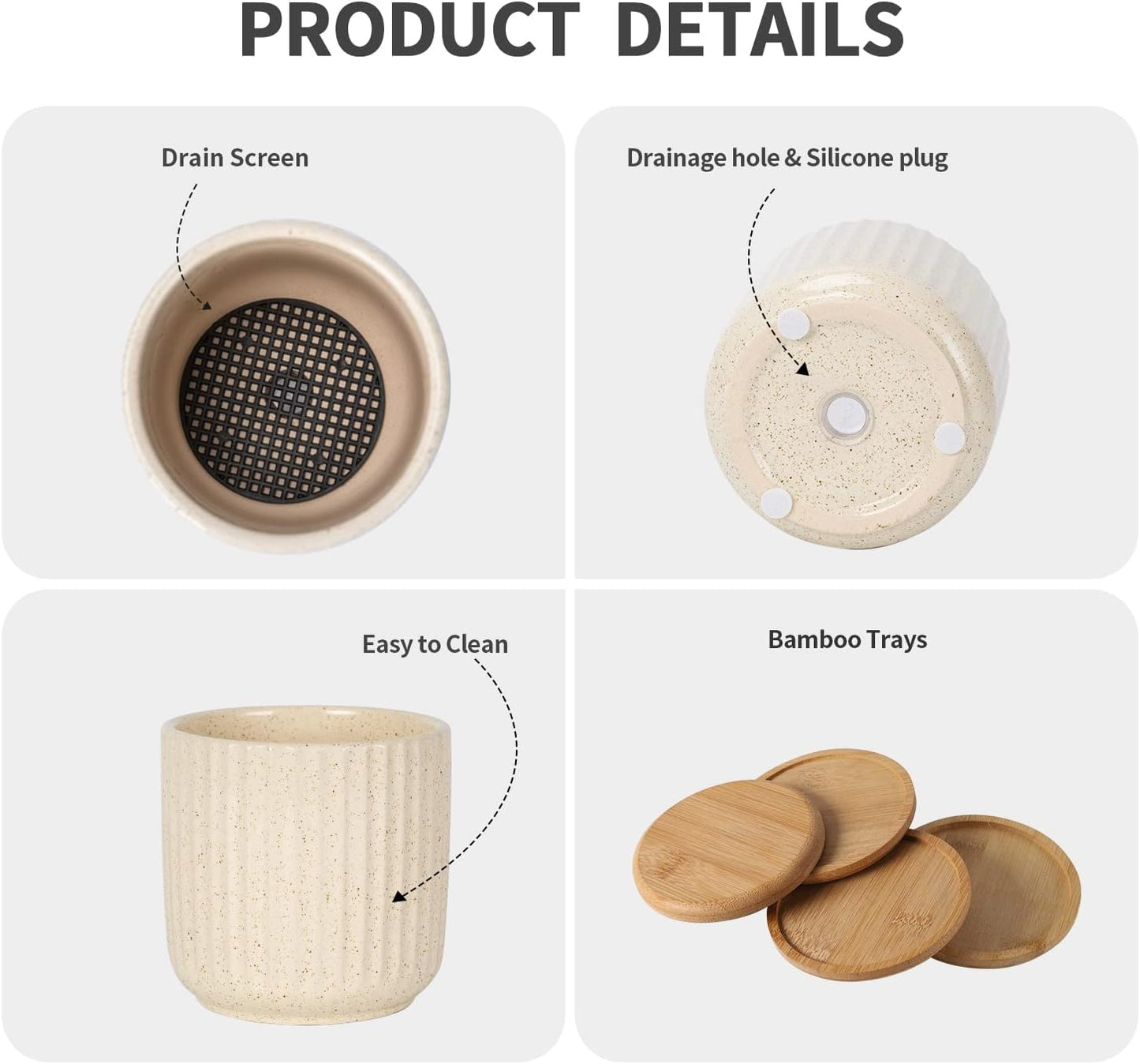 TAMAYKIM 4 Inch Ceramic Plant Pots with Drainage Holes, Modern Flower Planter with Saucer for Indoor Plants, Succulent, Cactus & Herbs, Beige, Set of 4 (Plants Not Included)