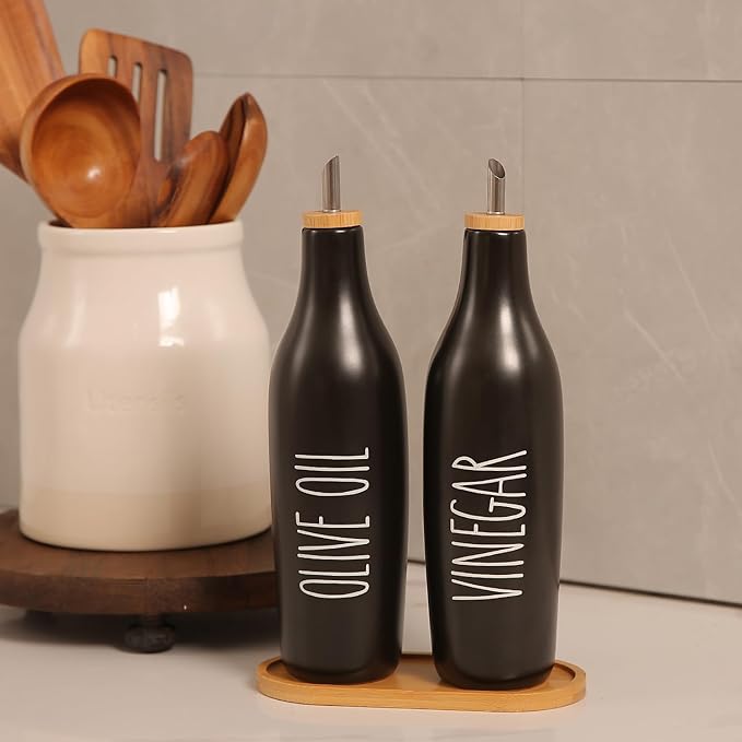 HOMCDALY Olive Oil and Vinegar Dispenser Set, Ceramic Oil and Vinegar Bottles with Bamboo Tray, 16.9oz Kitchen Cruet - Set of 2 - Black