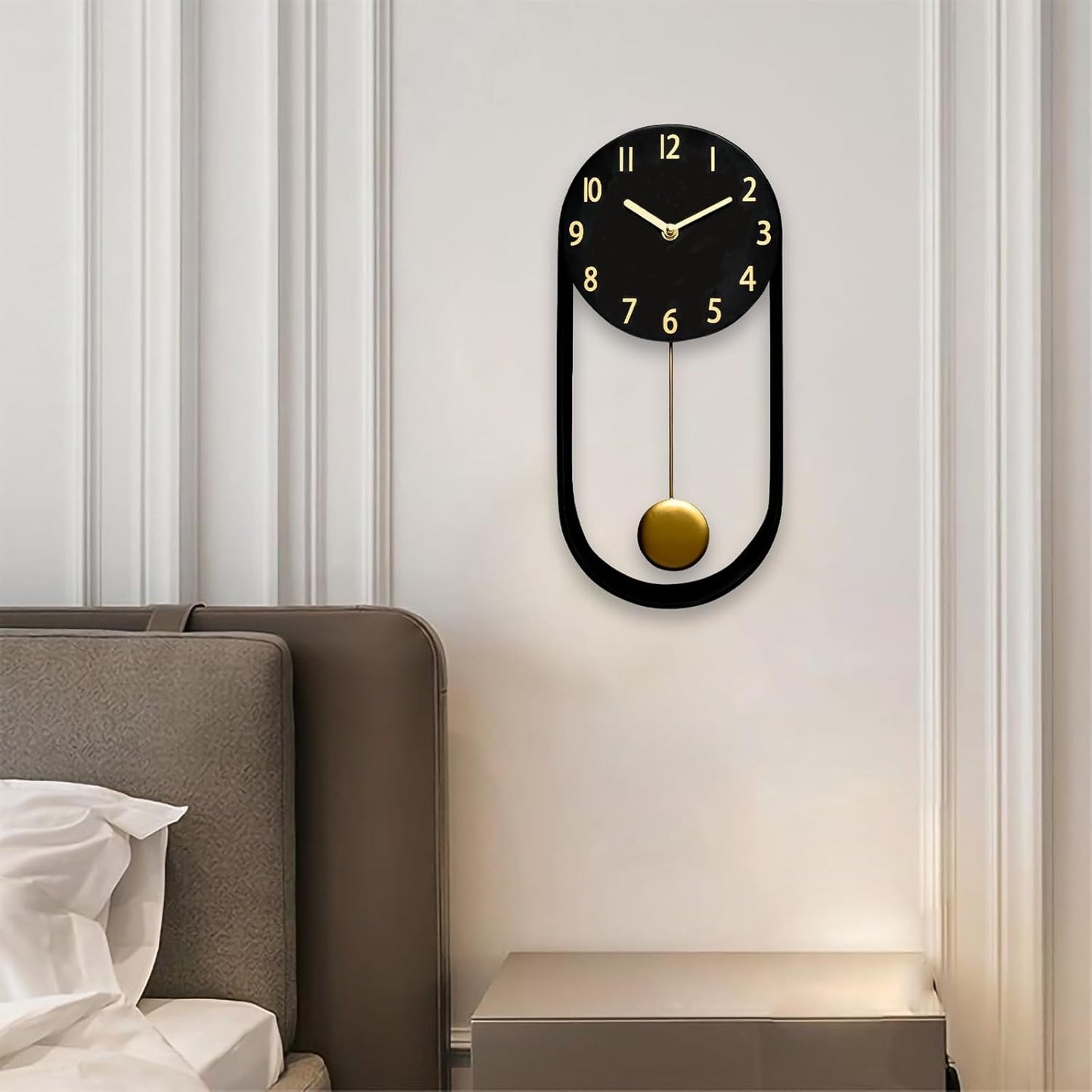 Stylish Minimalist Pendulum Black Wall Clock 8 Inch Modern Decorative Timepiece Silent Gold Pendulum Included Distinctive Metal Frame Design