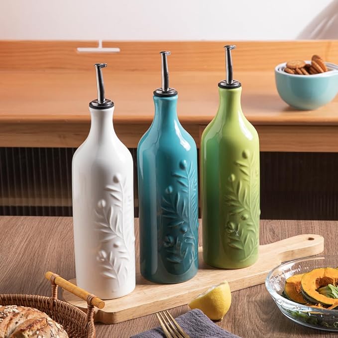 Sweejar Large Olive Oil Dispenser Bottle with Spout, 24 Oz Ceramic Oil Dispenser for Kitchen, Relief Opaque Oil Cruet, Oil Container for Cooking, EVOO, Avocado Oil, Vinegar, Pack of 1 (White)