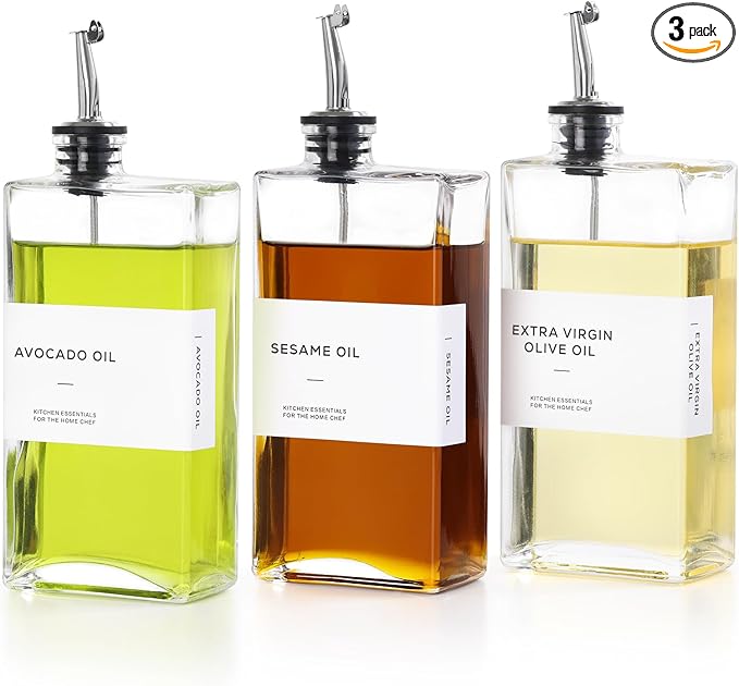 Olive Oil Dispenser Bottle for Kitchen, 3 Pack Glass Oil and Vinegar Dispenser Set, Elegant Book Design, Durable, Leak-Proof, Easy-Pour Spouts, Perfect for Kitchen, Dining Table (17oz)