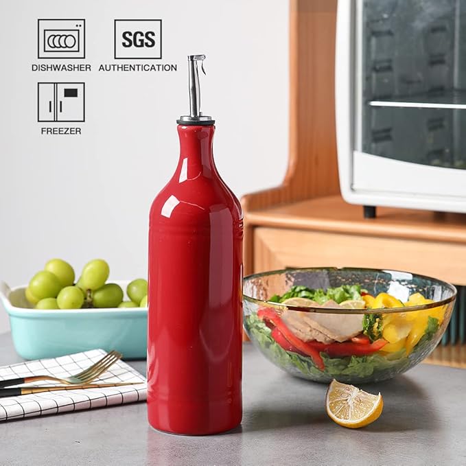 Sweejar Large Ceramic Olive Oil Dispenser Bottle, Opaque Oil Cruet Protects Oil to Reduce Oxidation, Suitable for Storage Oil, Vinegar, Soy Sauce & Other Liquids, Pack of 1, 24 Fl Oz (Red)