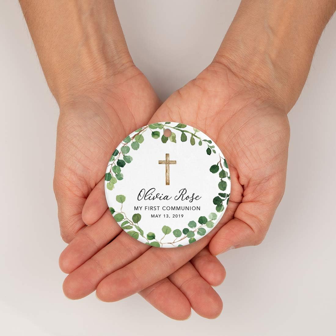 Andaz Press Personalized First Communion Ornament for Girls Boys, Round Ceramic Porcelain First Communion Christmas Ornament, Custom Name Date, My First Communion 2025, Farmhouse Eucalyptus Wreath