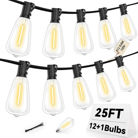 ST38 Outdoor String Lights 25FT with 12+1 LED Bulbs, E12 Socket, Waterproof Commercial Grade, 2700K Warm White for Garden, Backyard, Bistro, Patio, Porch, Deck, Gazebo, Wedding Decor