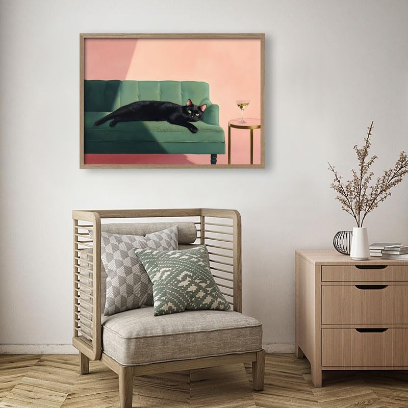 Wood framed black cat wall art modern style canvas print lazy black cat poster picture decoration painting gallery style artwork suitable for living room bedroom decoration 16x24 inch