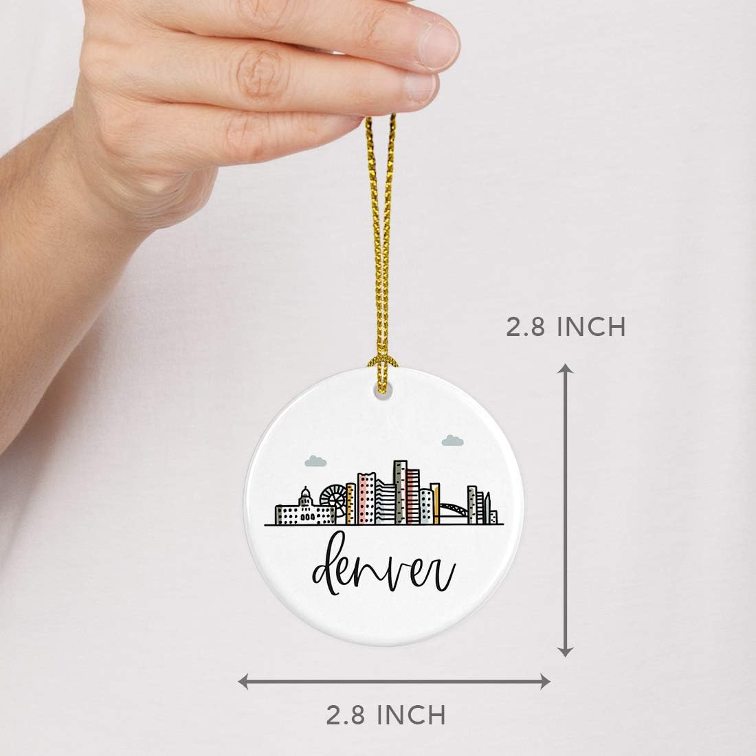 Andaz Press Round Ceramic Porcelain Christmas Tree Ornament Keepsake, Denver, Colorful City Skyline Graphic, 1-Pack, Birthday Gift Ideas Family Coworker Him Her, Includes Gift Box