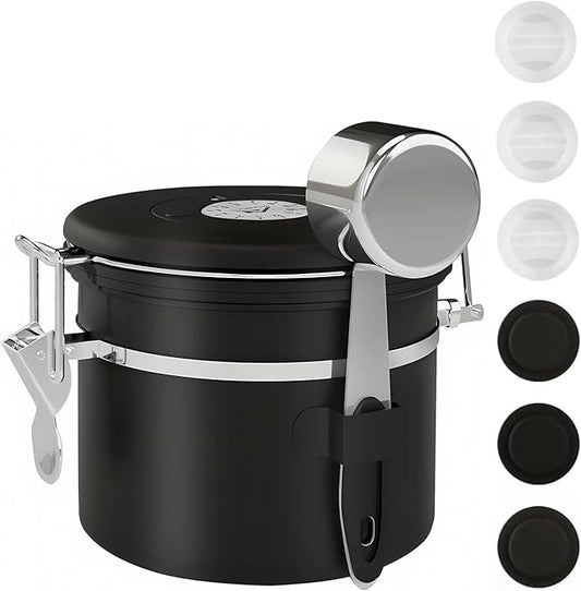 ShanSon Coffee Canister Airtight Coffee Container Stainless Steel Coffee Bean Storage Container with Scoop Coffee Canister for Beans Grounds Sugar Flour Tea Cereal,11OZ, Black