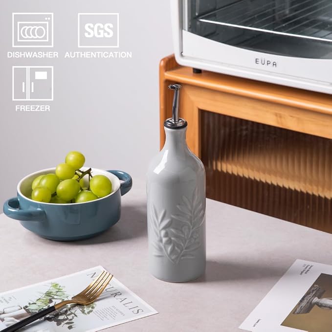 Sweejar Ceramic Olive Oil Dispenser Bottle, 20 Oz Relief Opaque Oil Cruet Protects Oil To Reduce Oxidation, Suitable for Storage Oil, Vinegar, Soy Sauce, Coffee Syrup, Liquids, Set of 1 (Gray)