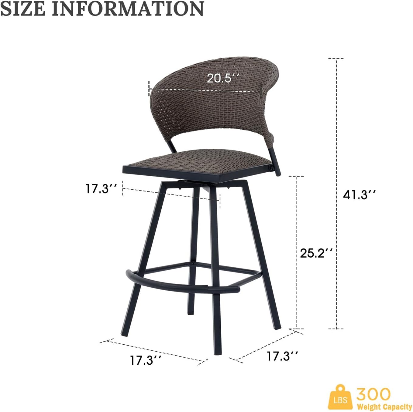 VICLLAX Patio Bar Stool Chairs with Footrests and Padded Seat, Bar Height Swivel Patio Chairs Set of 2, Brown Woven Wicker Swivel Bar Stools for Lawn Garden