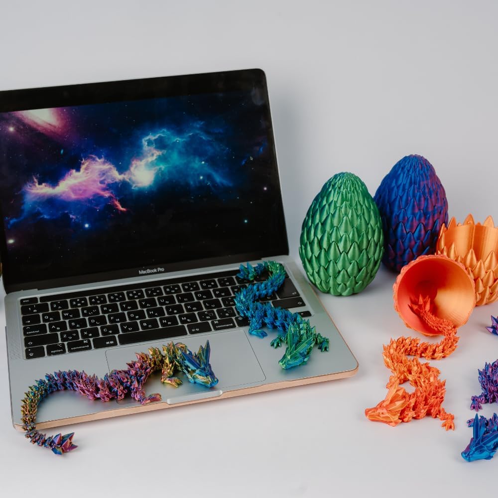 POIVOCF3D Printed 12” Articulated Crystal Dragon Inside 5.1” Egg – Fantasy Collectible, Fidget Toy & Stocking Easter Basket Stuffers for Home & Office Decor (Laser Blue)
