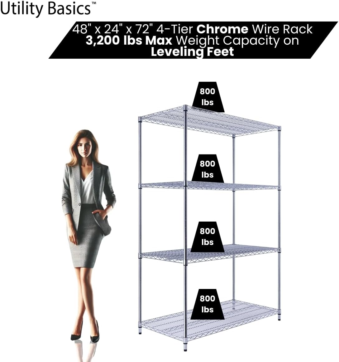 48"x24"x72" Chrome Premium Metal Steel Wire Shelving 4-Tier NSF 3200 LBS MAX Capacity Heavy Duty Storage Rack for Garages, Commercial Spaces, Hospitals, & Schools w/Premium Wheels