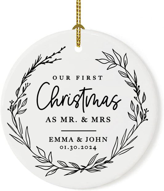 Andaz Press Personalized Our First Christmas As Mr. & Mrs. 2024 Christmas Ornaments Modern Farmhouse Wreath 2.8" Round Porcelain Ceramic 1st Year Married Custom Ornament Keepsake for Newlyweds 1-Pack