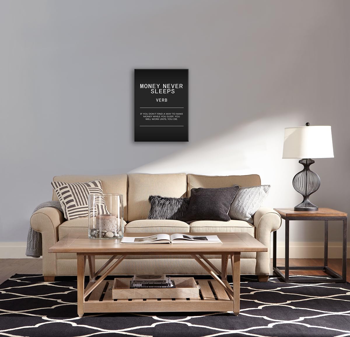 Money Never Sleeps Verb Inspirational Canvas Office Decor Print Wall Art Motivational Picture Poster Painting Modern Inspiring Artwork for Home Living Room Bedroom Decor Framed[18" W x 24" H]